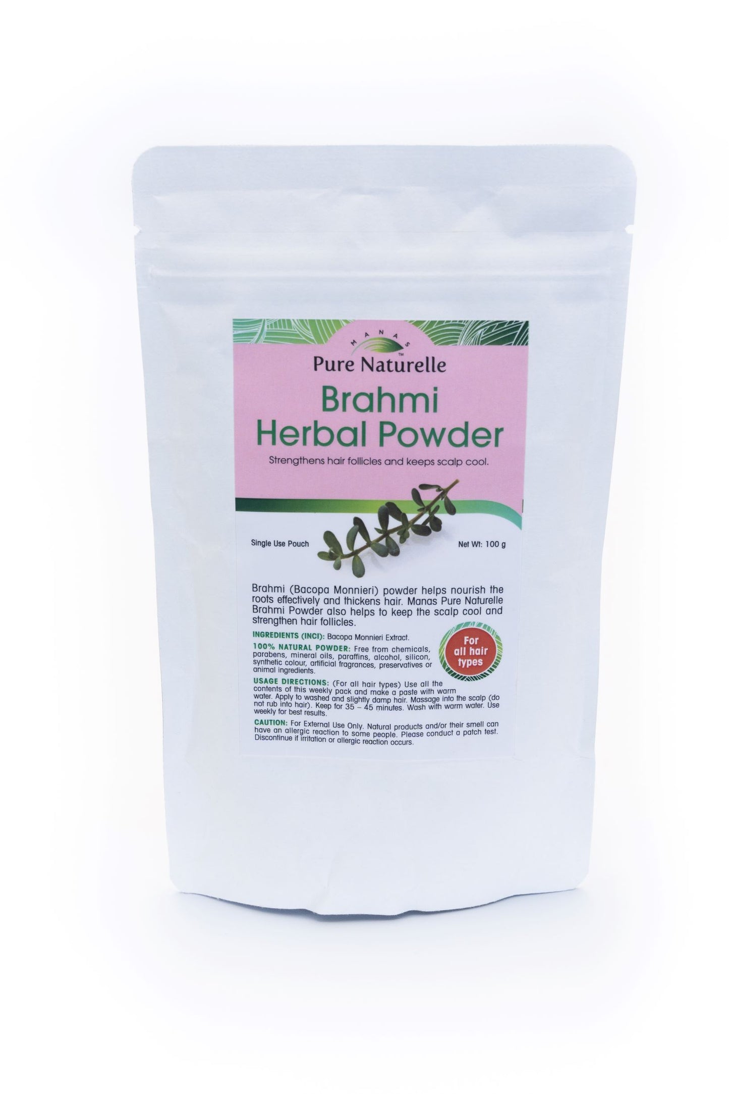 Accelerates hair growth, reduces hair fall, strengthens hair follicles... Manas Pure Naturelle 100% Natural Brahmi* Herbal Powder for all hair types (4 Weekly Single Use Pouches)