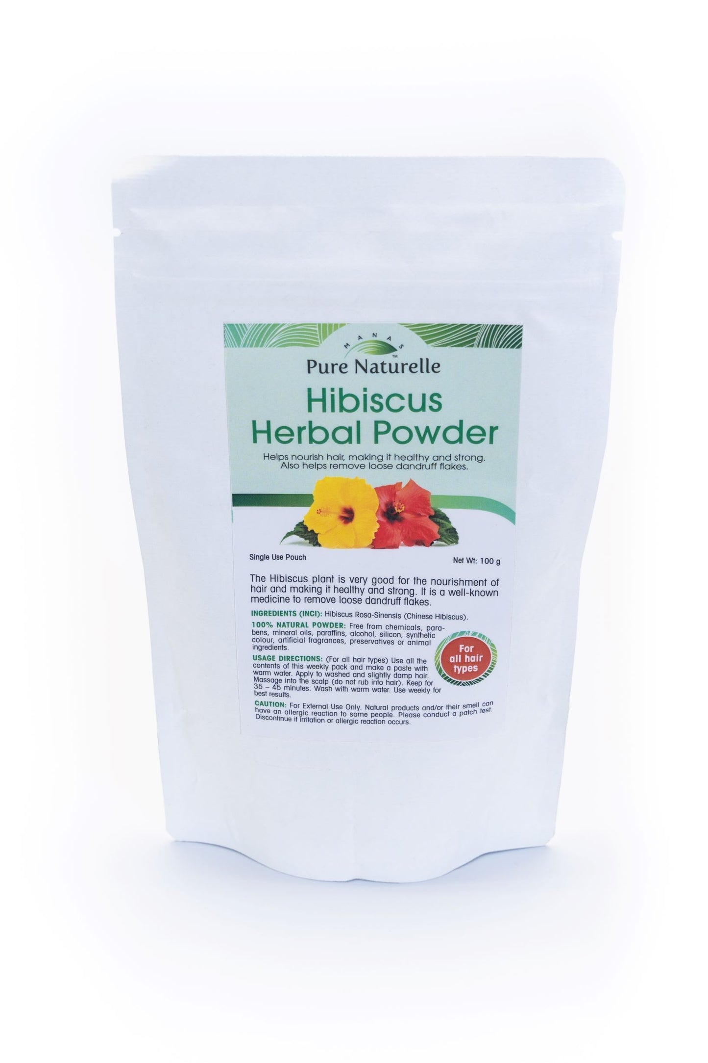 Fights dandruff, reduces hair loss, nourishes, strengthens hair... Manas Pure Naturelle 100% Natural Hibiscus Herbal Powder for all hair types (4 Weekly Single Use Pouches)
