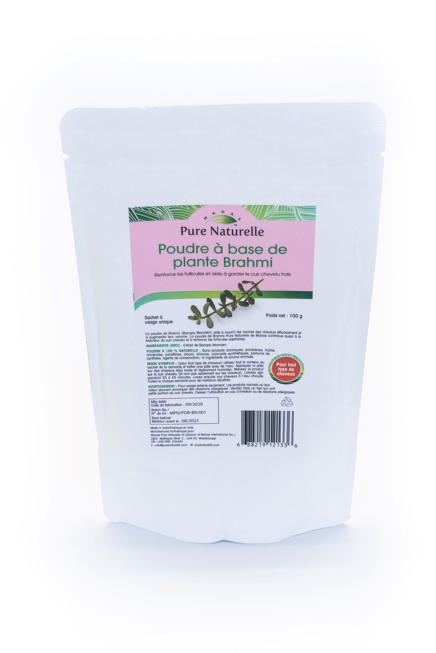 Accelerates hair growth, reduces hair fall, strengthens hair follicles... Manas Pure Naturelle 100% Natural Brahmi* Herbal Powder for all hair types (4 Weekly Single Use Pouches)
