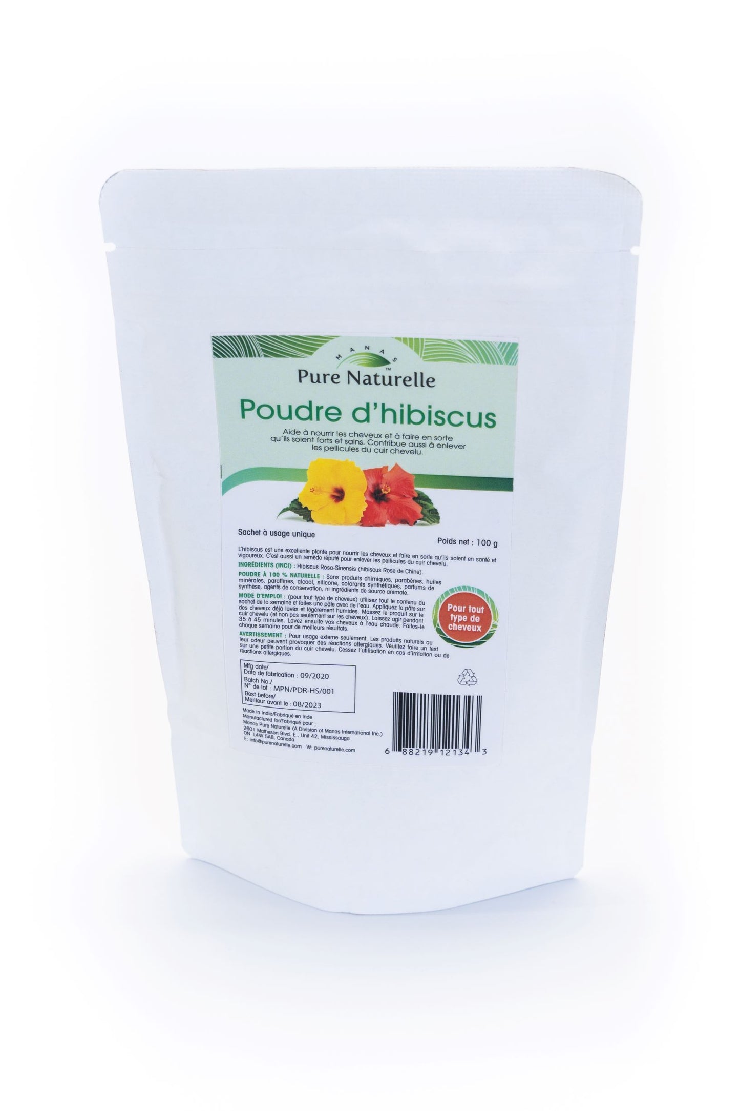 Fights dandruff, reduces hair loss, nourishes, strengthens hair... Manas Pure Naturelle 100% Natural Hibiscus Herbal Powder for all hair types (4 Weekly Single Use Pouches)