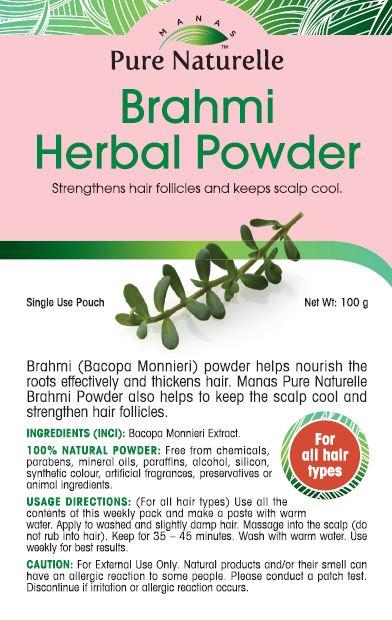 Accelerates hair growth, reduces hair fall, strengthens hair follicles... Manas Pure Naturelle 100% Natural Brahmi* Herbal Powder for all hair types (4 Weekly Single Use Pouches)
