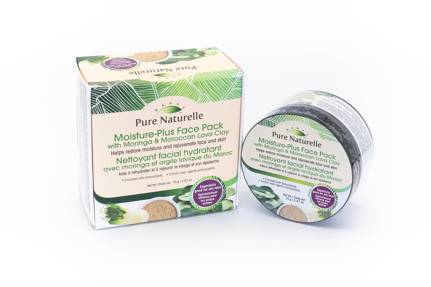 Restores moisture, rejuvenates skin with miracle herb Moringa known for its anti-aging properties... Manas Pure Naturelle 100% Natural Moisture-Plus Face Pack