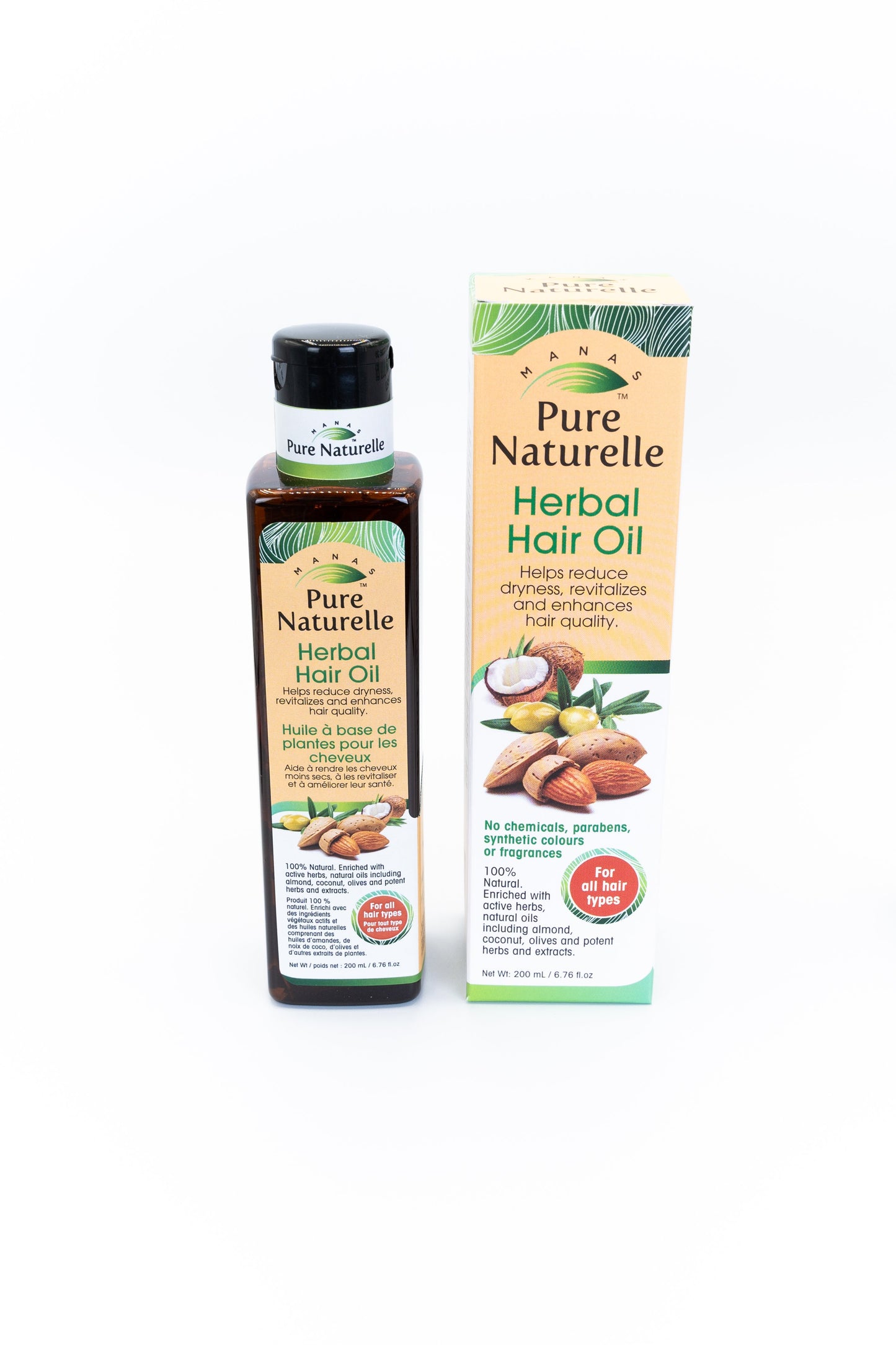 Reduces dryness, hair loss, revitalizes and enhances hair quality... Manas Pure Naturelle 100% Natural Herbal Hair Oil