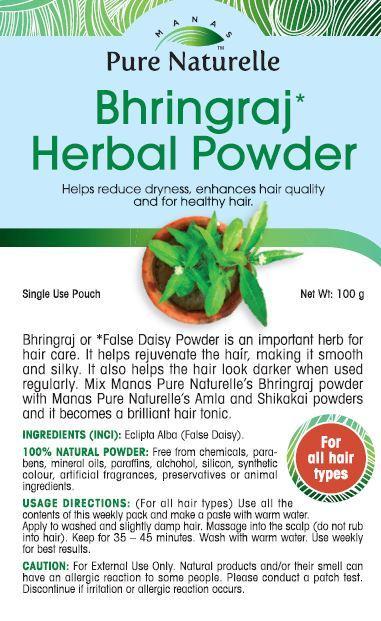 For hair re-growth, hair-loss, premature greying prevention and strengthening roots... Manas Pure Naturelle 100% Naural Bhringraj Herbal Powder for all hair types (4 Weekly Single Use Pouches)