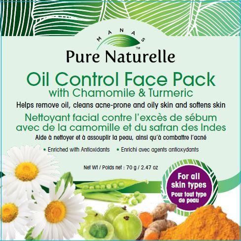 Fights/clears acne, controls oil, cleans and softens skin... Manas Pure Naturelle 100% Natural Oil Control Face Pack With Chamomile & Turmeric for all skin types